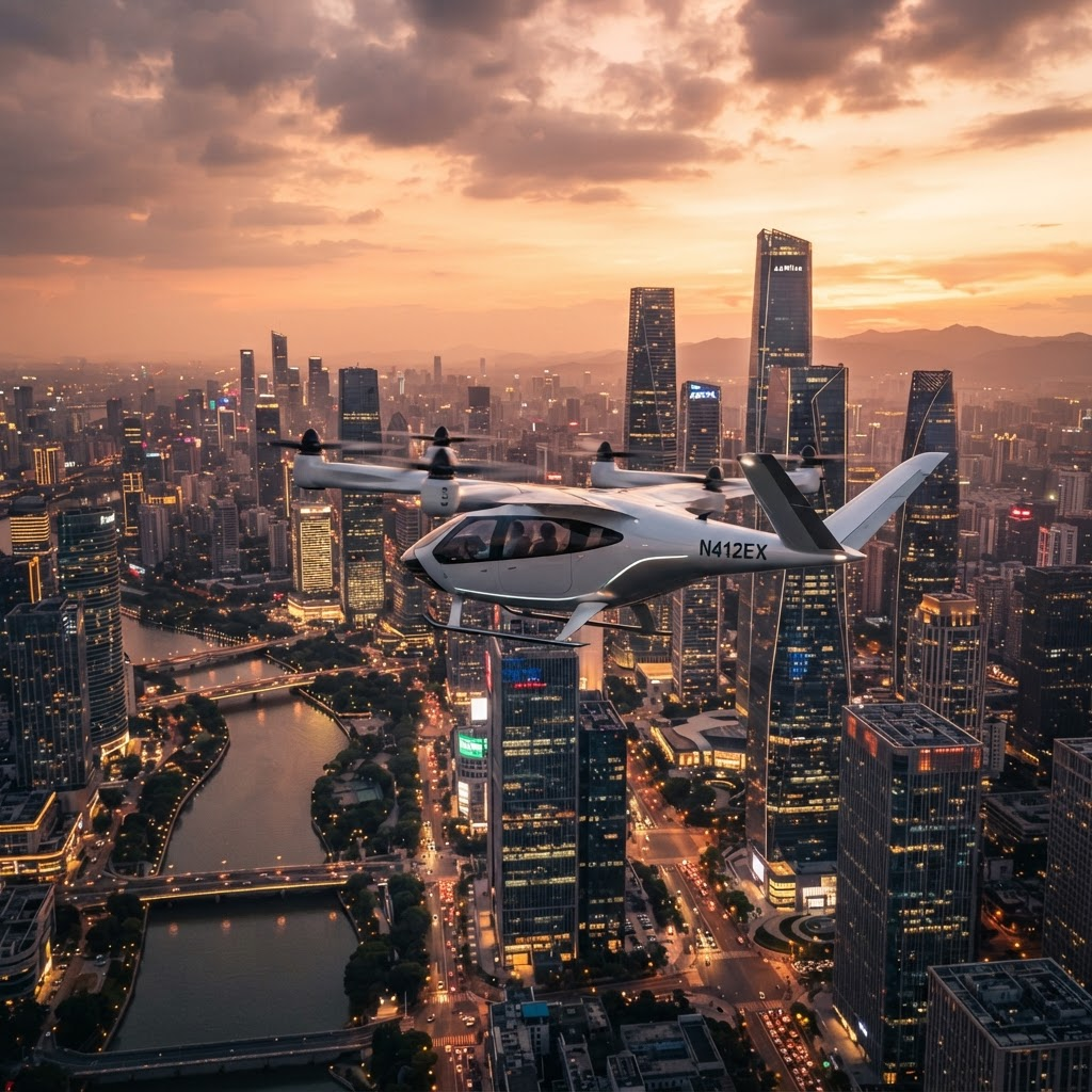 A sleek passenger drone taxi flying above a futuristic city skyline at dusk